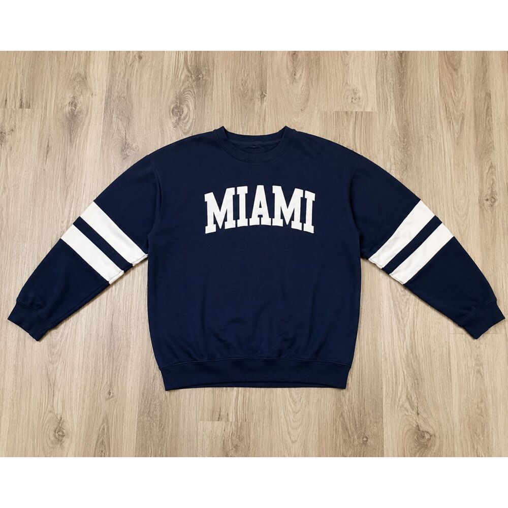 New York Popular Miami Sweatshirt XL Navy Blue White Varsity Striped Sleeves